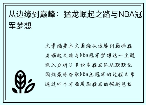 从边缘到巅峰：猛龙崛起之路与NBA冠军梦想